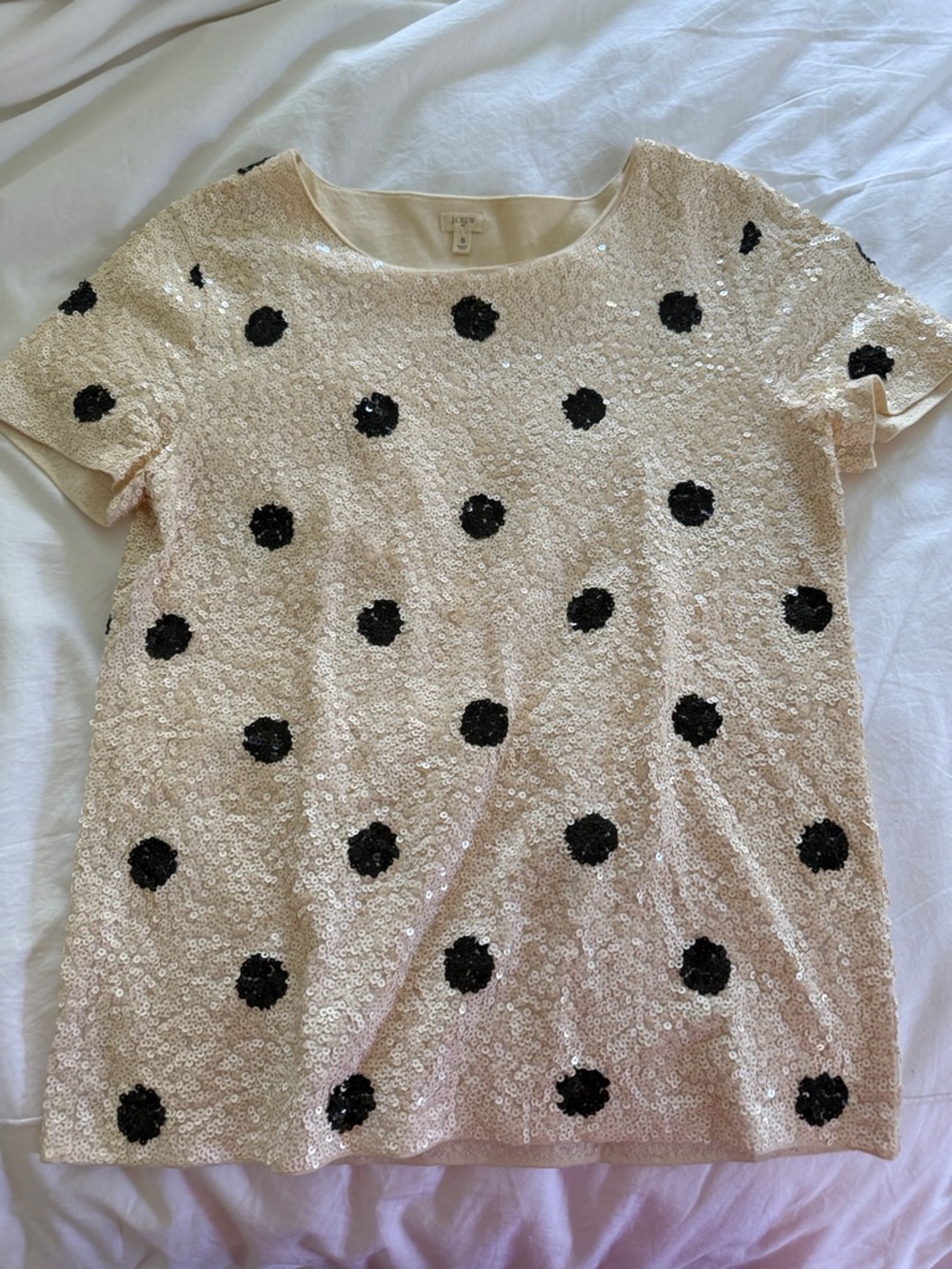 J. Crew Cream Sequin Dot Short Sleeve Top with Black Accent